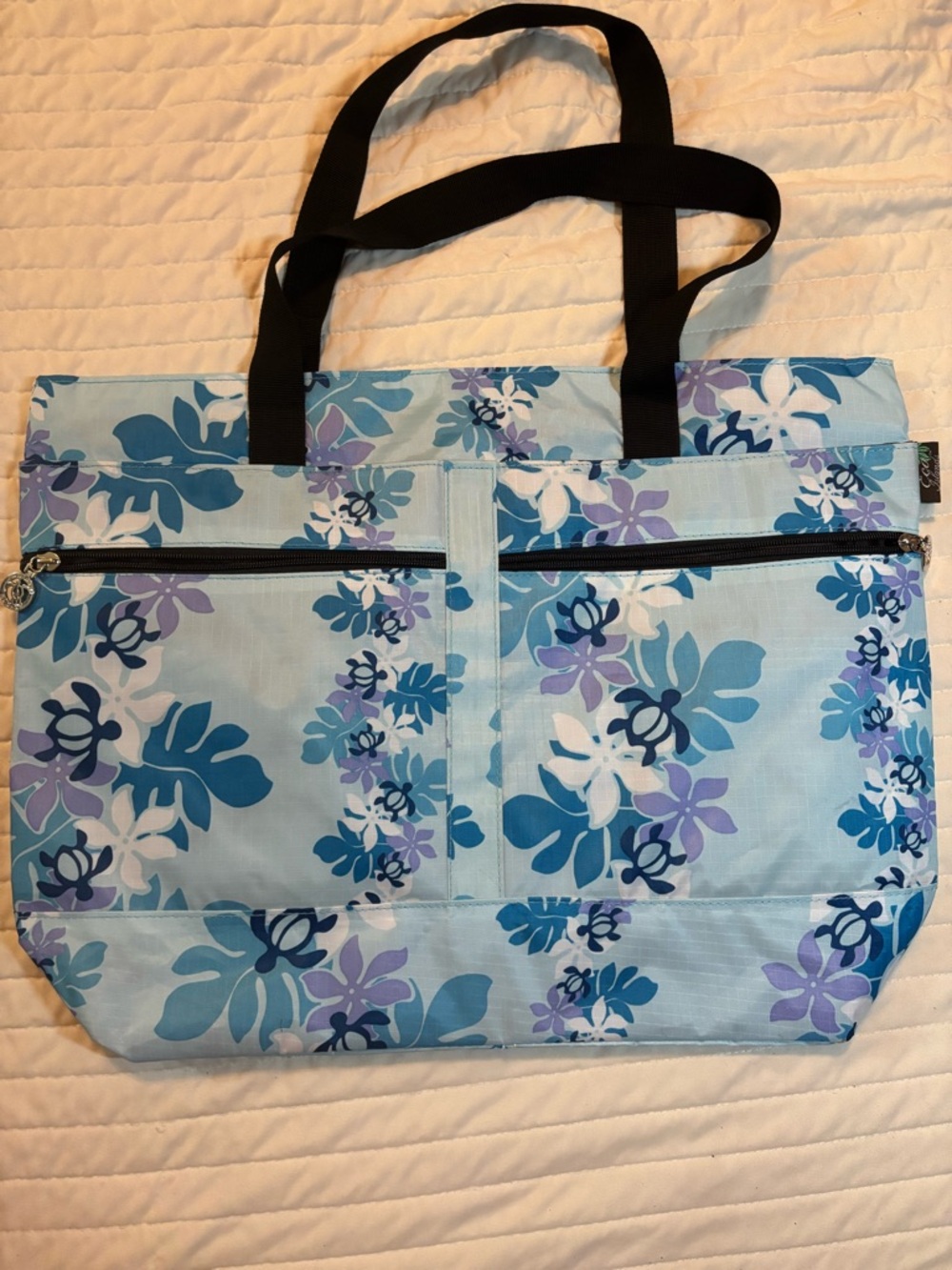 Light Blue Floral Tote with Black Straps - Casual Everyday Bag